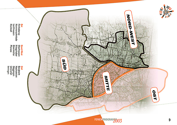 Stadt Augsburg - Innenseite mit Übersichtskarte der Stadtteile für das Ferienprogramm 2003 der Stadt Augsburg von Tomm Everett